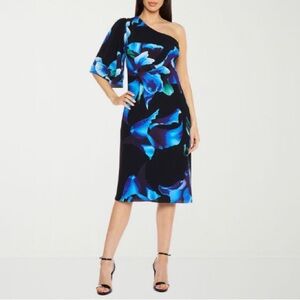 Premier Amour floral black &‎ blue, one shoulder crepe party dress size 4 NWT